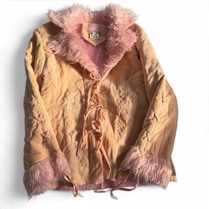 True Y2K vintage faux furr jacket with laced up and embroidered detail